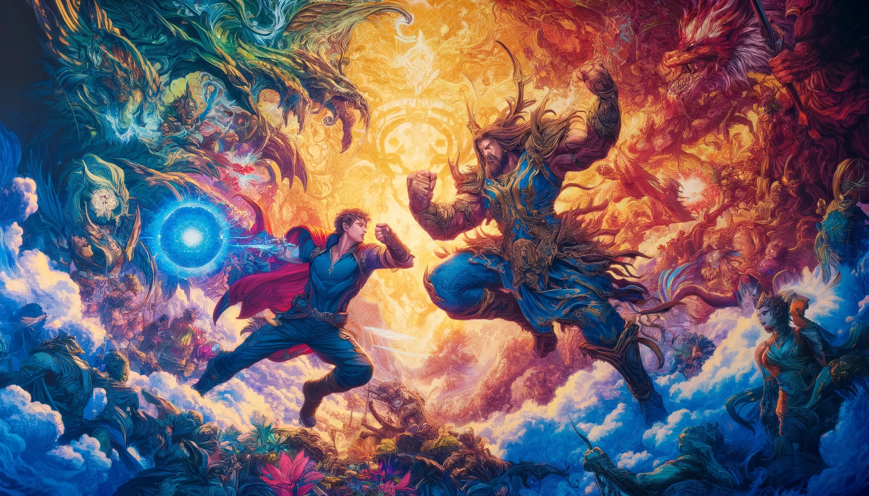 A vibrant, detailed illustration showing a dynamic battle scene in Marvel Snap, with two powerful characters clashing amidst a fantastical and colorful landscape.