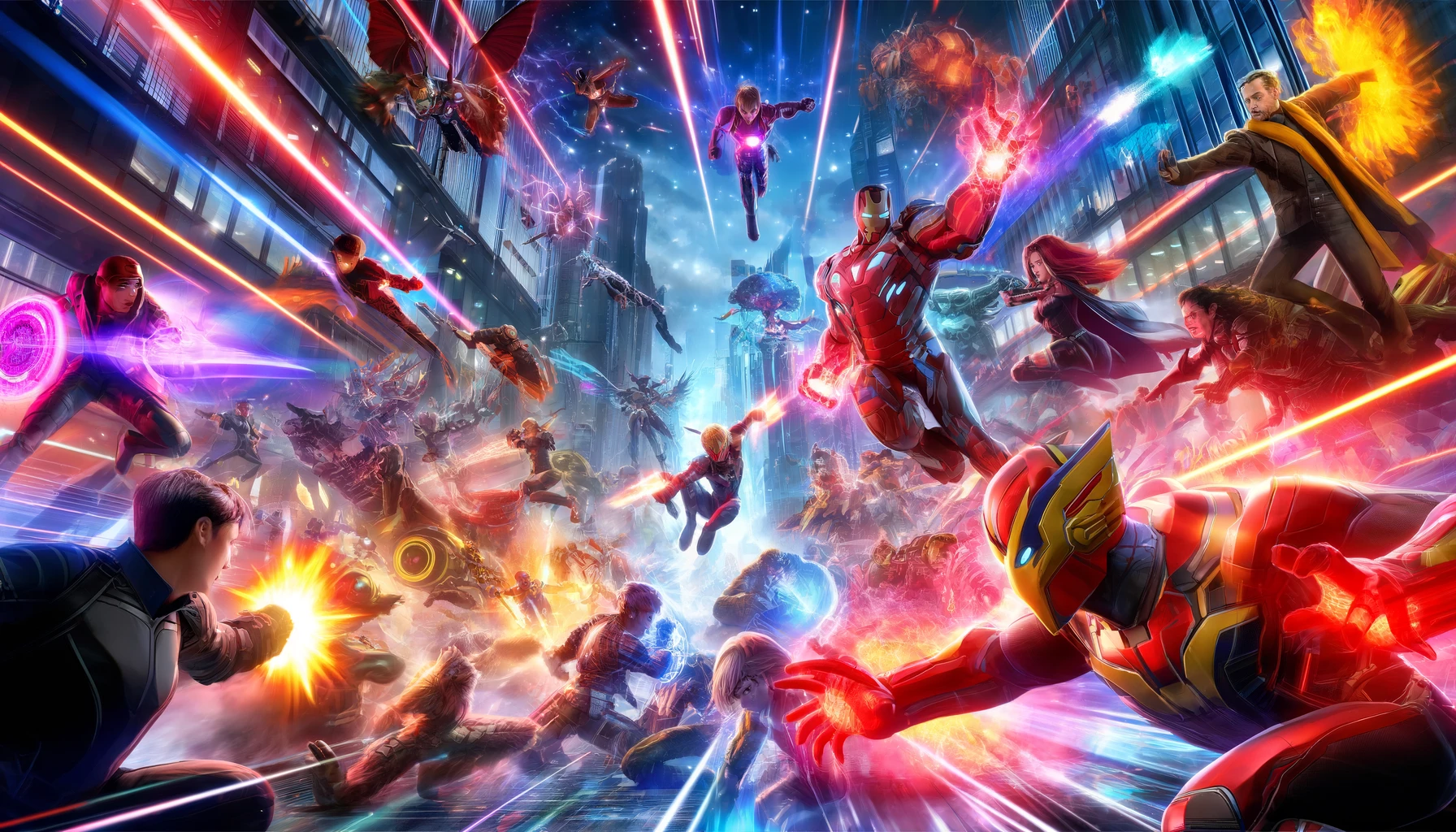 A dynamic and intense battle scene in Marvel Snap, featuring several powerful characters in combat within a futuristic cityscape. Energy blasts and dramatic effects fill the air, capturing the excitement and thrill of the game.