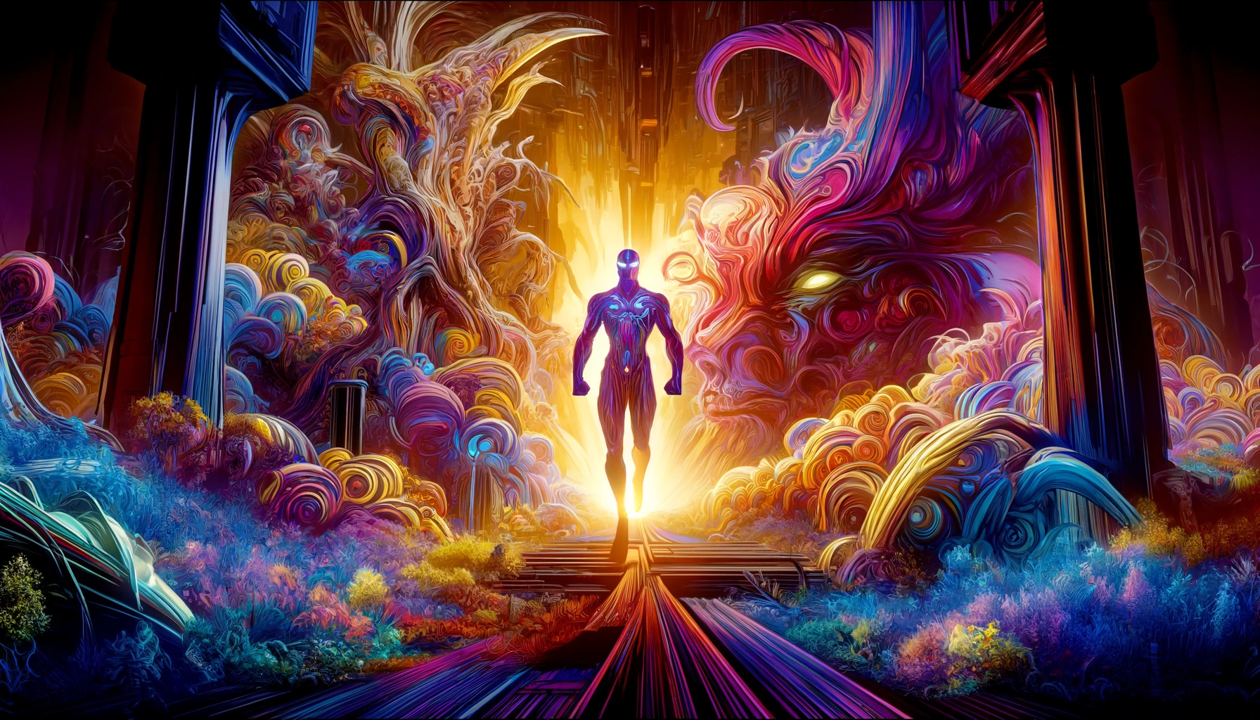 A dynamic and colorful illustration of Gilgamesh standing in a vibrant, fantastical setting with strange and astonishing forms. The scene evokes a sense of awe and grandeur, perfect for a magnificent sci-fi movie.
