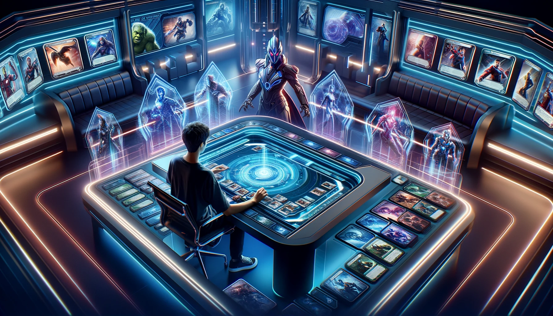 A highly realistic scene of a player surrounded by holographic cards and futuristic gaming equipment, immersed in Marvel Snap gameplay.