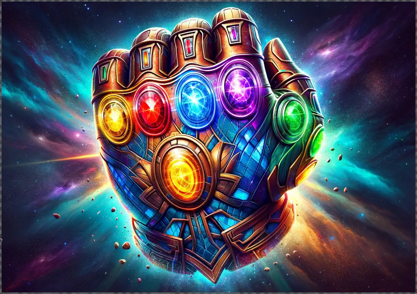 A vibrant and detailed illustration of the Infinity Stones from Marvel Snap, set against a transparent space background, highlighting their mystical power.