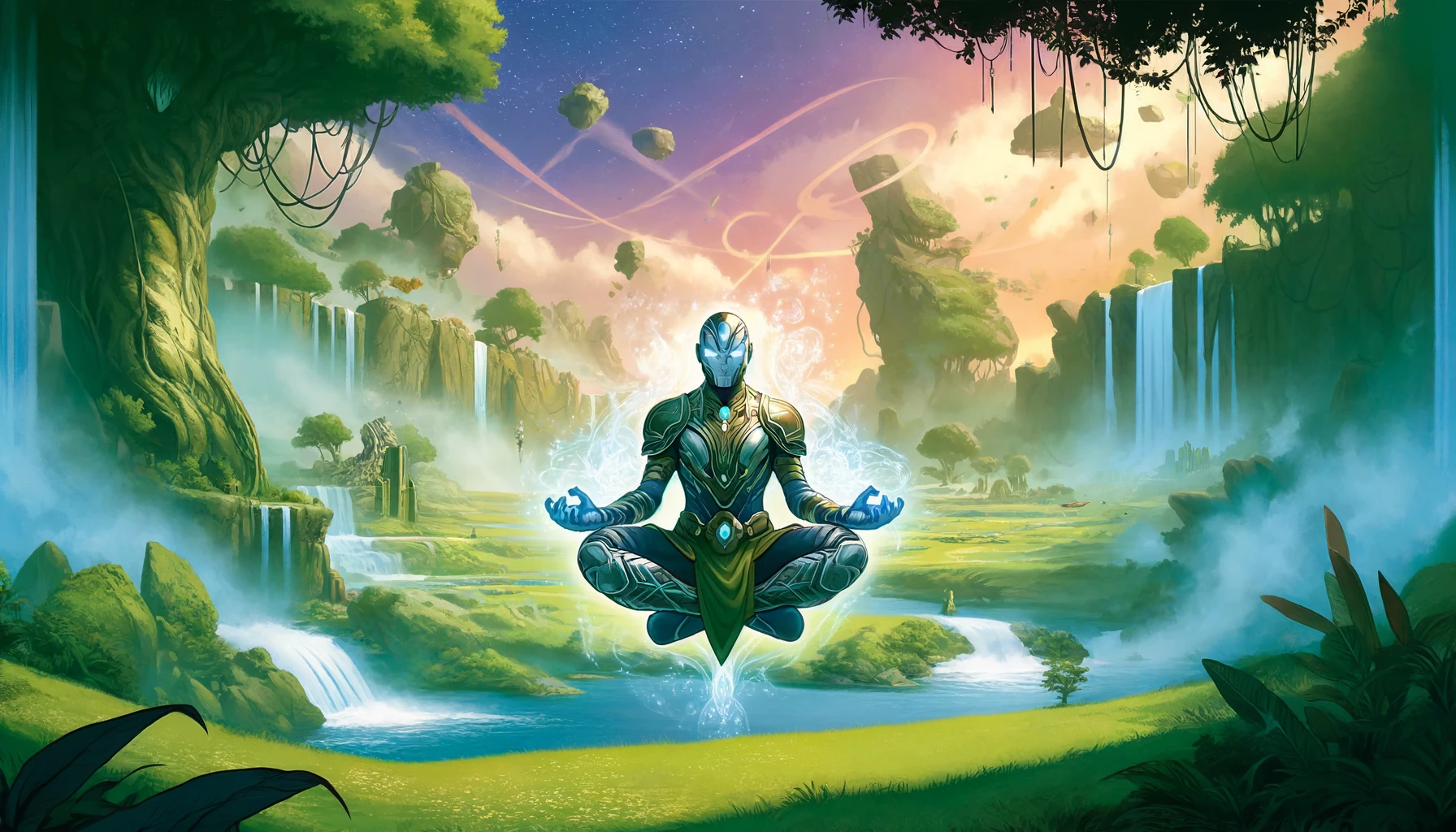 A tranquil and mystical landscape in Marvel Snap, with lush greenery, flowing rivers, and ancient ruins. A powerful character meditates in the foreground, surrounded by a glowing aura, blending harmoniously with the magical surroundings.