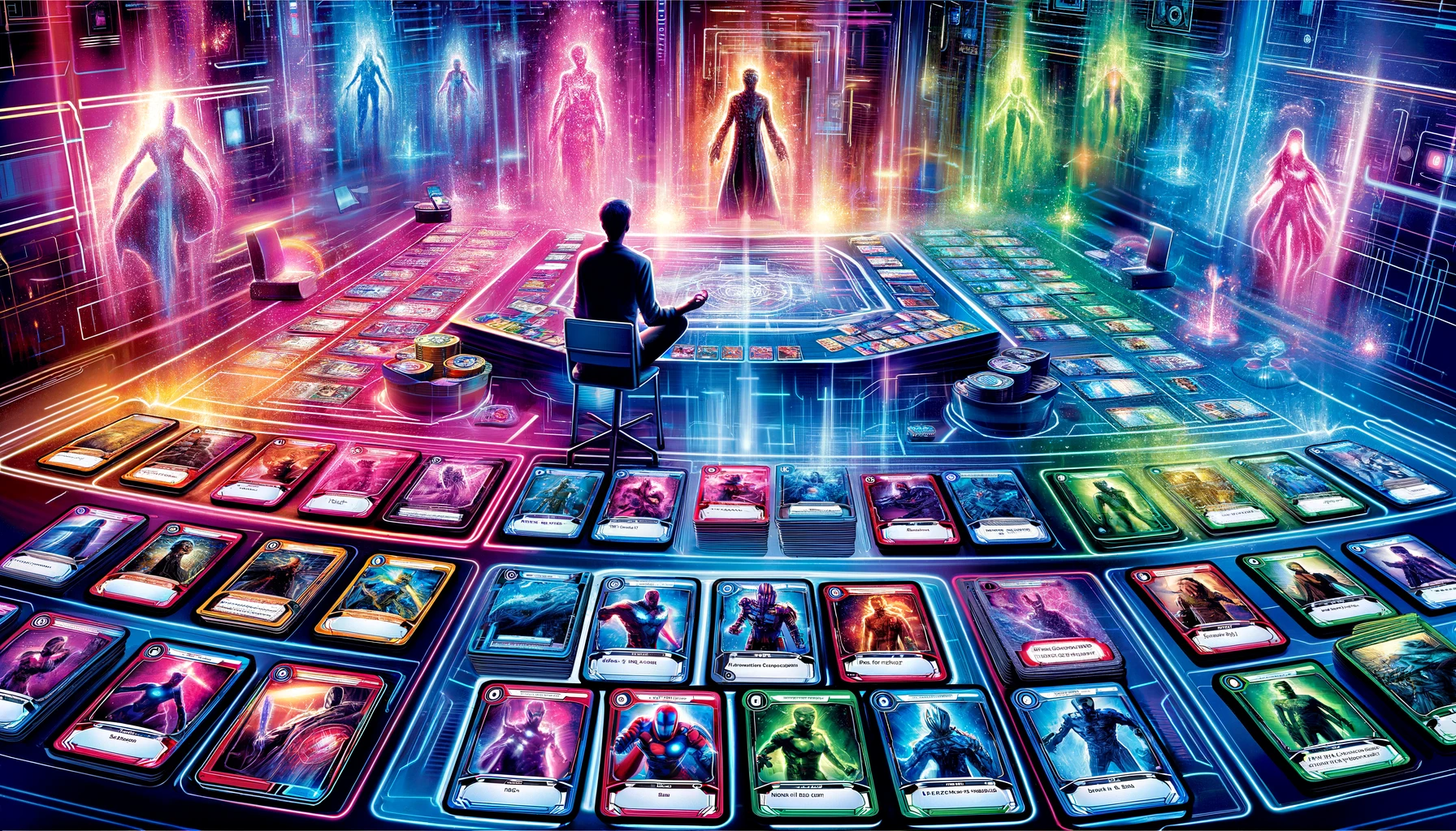 A vibrant, detailed wide-format illustration of a strategic scene in Marvel Snap, showing cards laid out on a futuristic playing board with a player contemplating their next move, surrounded by holographic projections of characters and colorful energy effects.