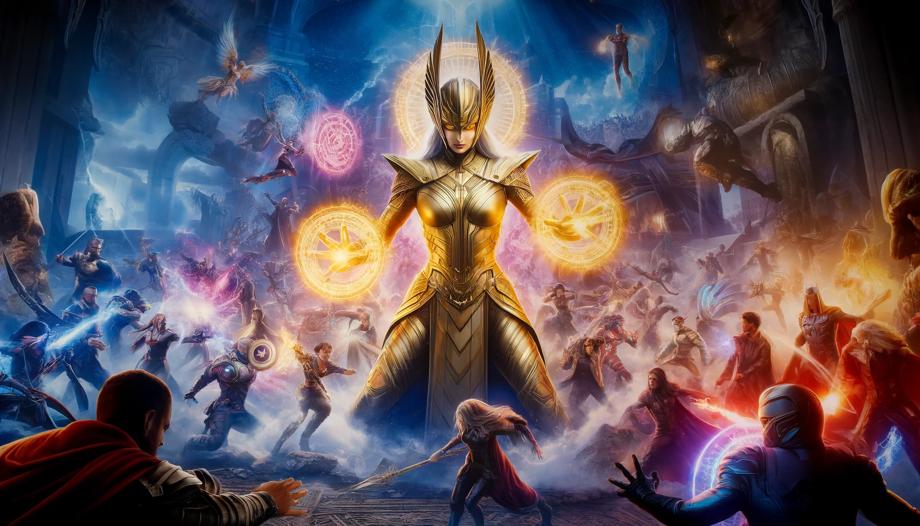 A highly realistic depiction of Thena in her golden armor, surrounded by magical energy and engaged in a fierce battle with various Marvel characters on a mystical battlefield.