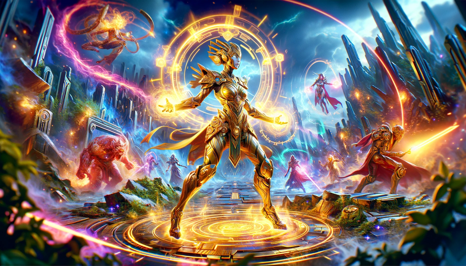 A dynamic, colorful scene of Thena in Marvel Snap, showcasing her ability in a fantastical setting with other cards and effects in play.