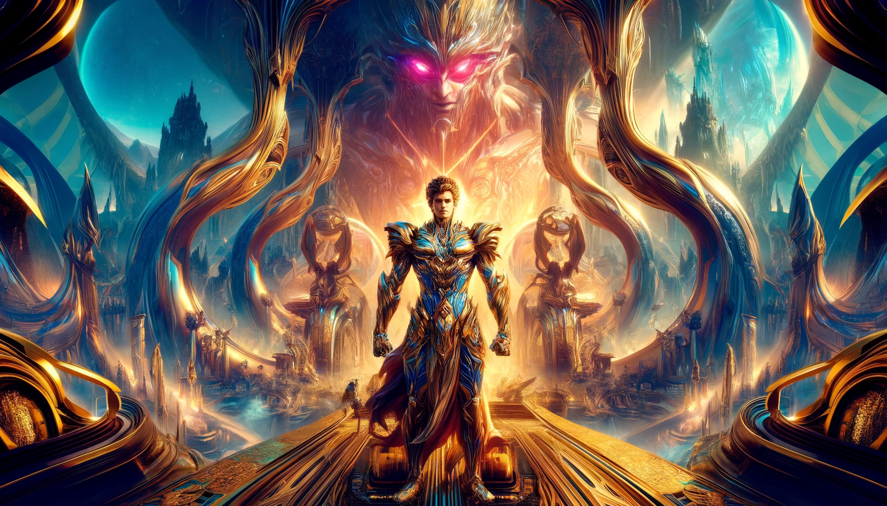 A vibrant and detailed illustration of Gilgamesh standing confidently in a grand, fantastical environment. The setting blends ancient and futuristic elements, with Gilgamesh surrounded by dynamic energy, evoking a sense of wonder and adventure.